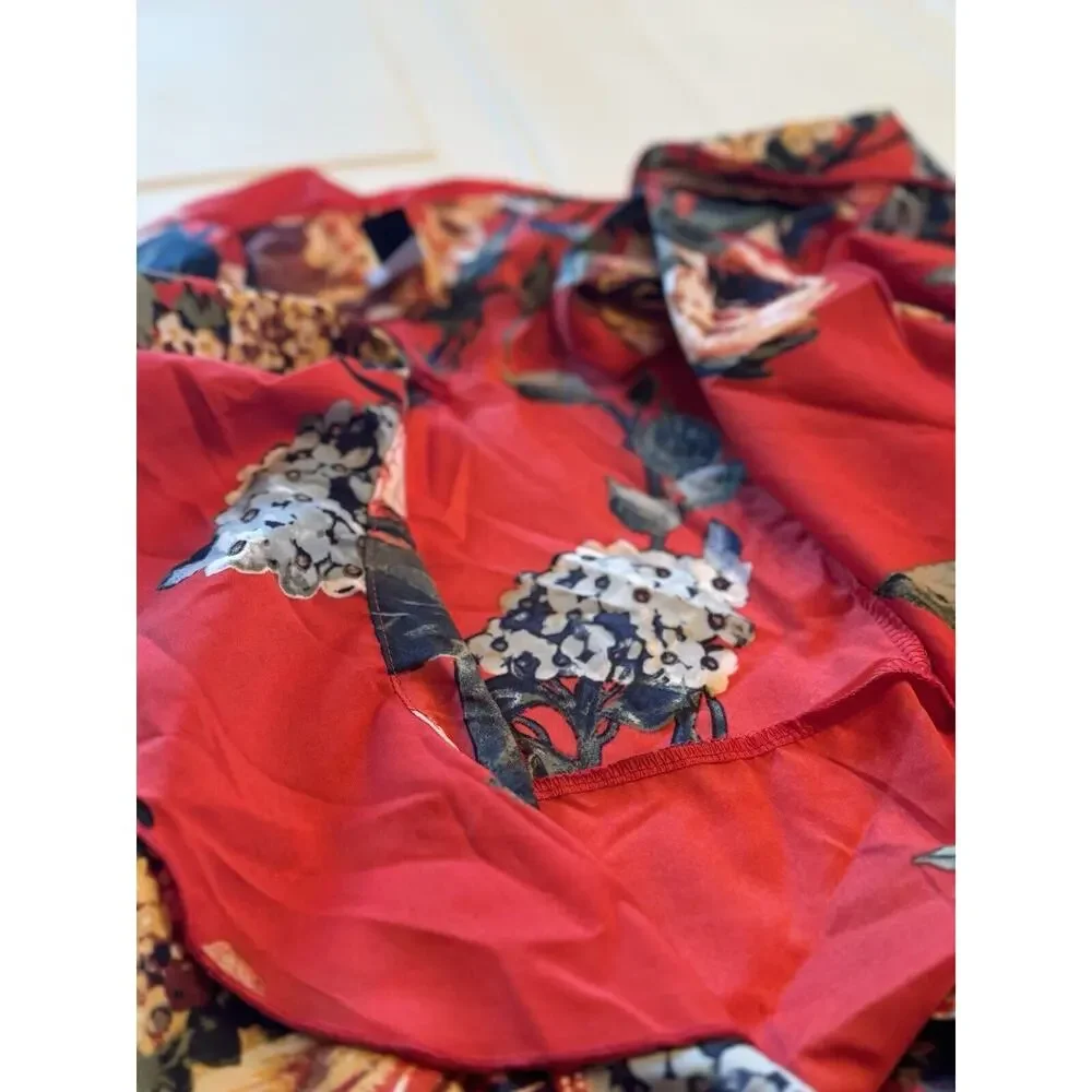 Jayvee Red Floral Ruffle Neck Waist Tie Chiffon Wrap Style Shirt, Sz L - Picture 5 of 7